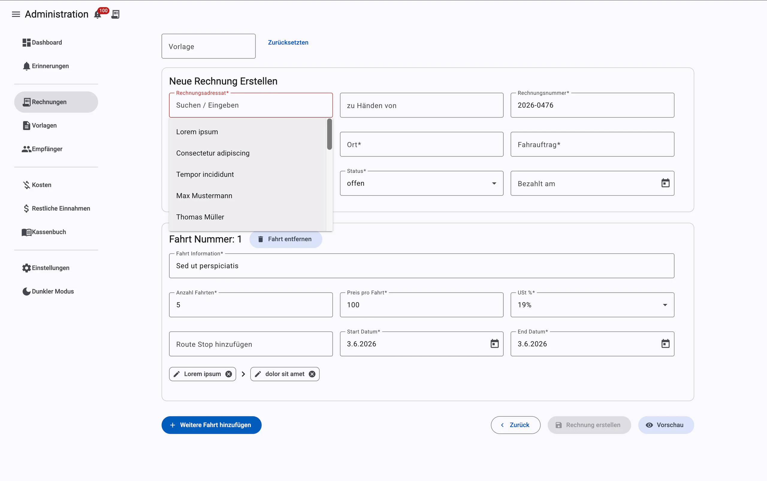 Oberfläche zur Rechnungserstellung im mobilityforyou Admin-System