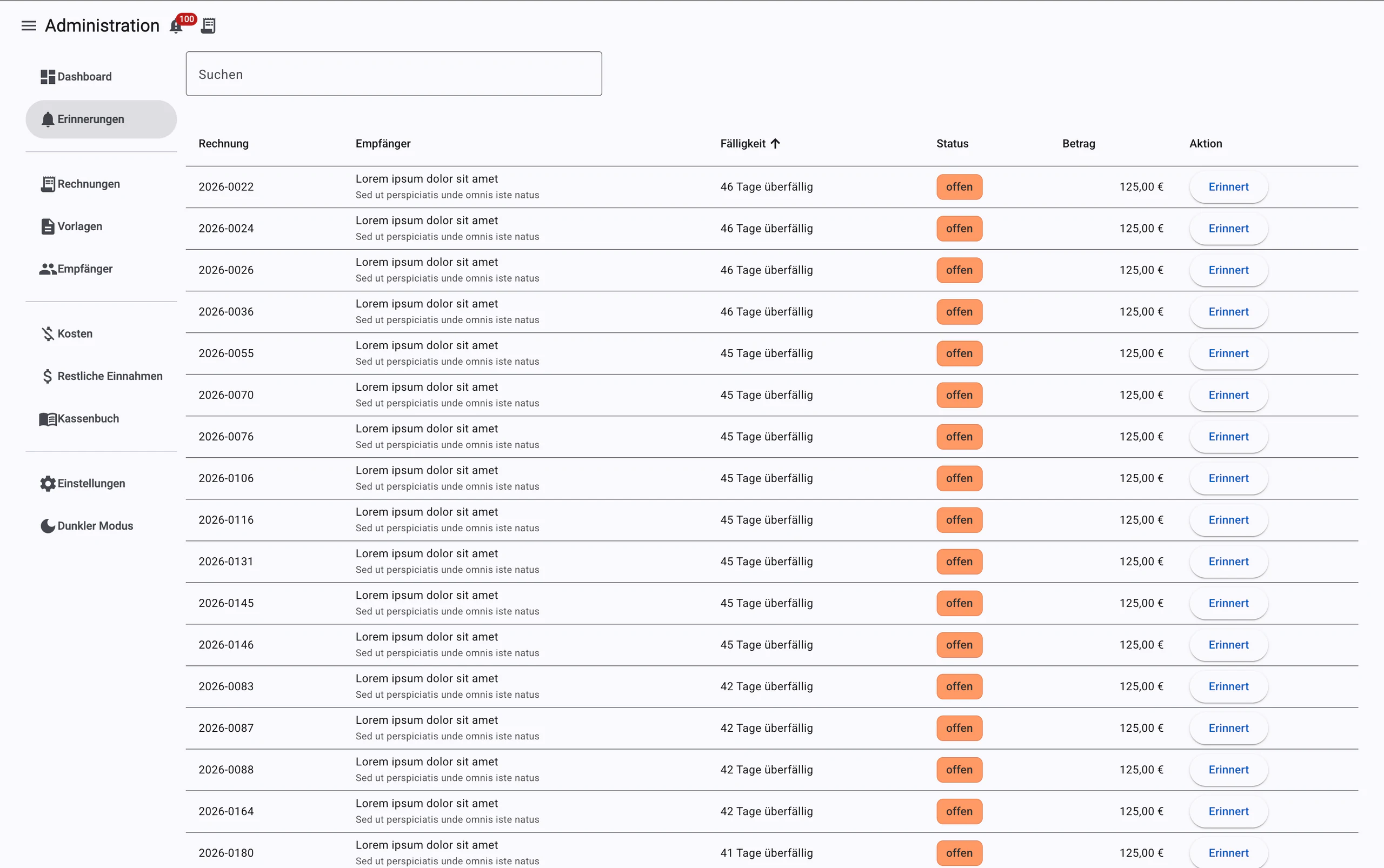 Erinnerungsansicht für offene und überfällige Rechnungen im Admin-Dashboard