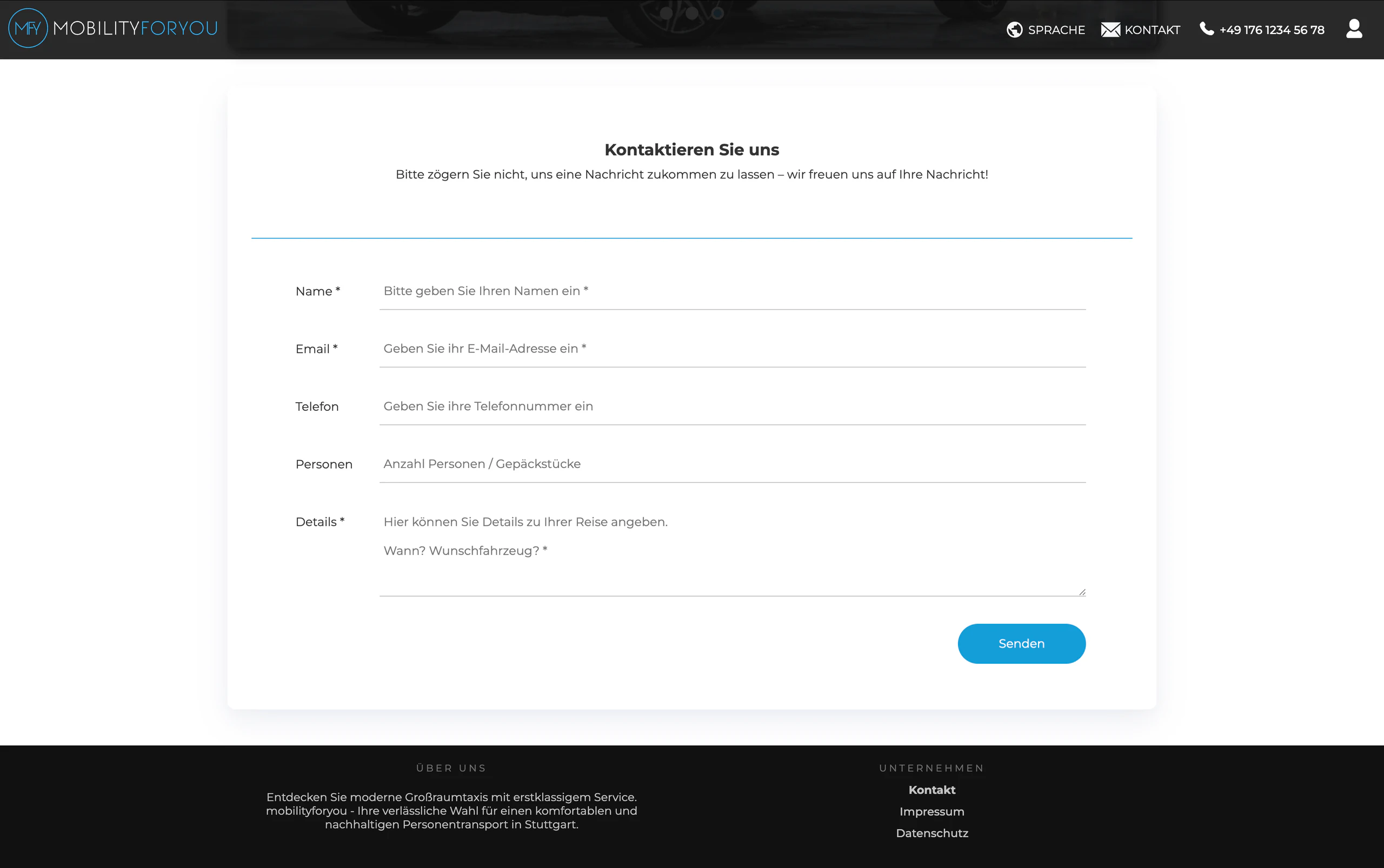 Kontaktformular auf der mobilityforyou Webseite für Transportanfragen