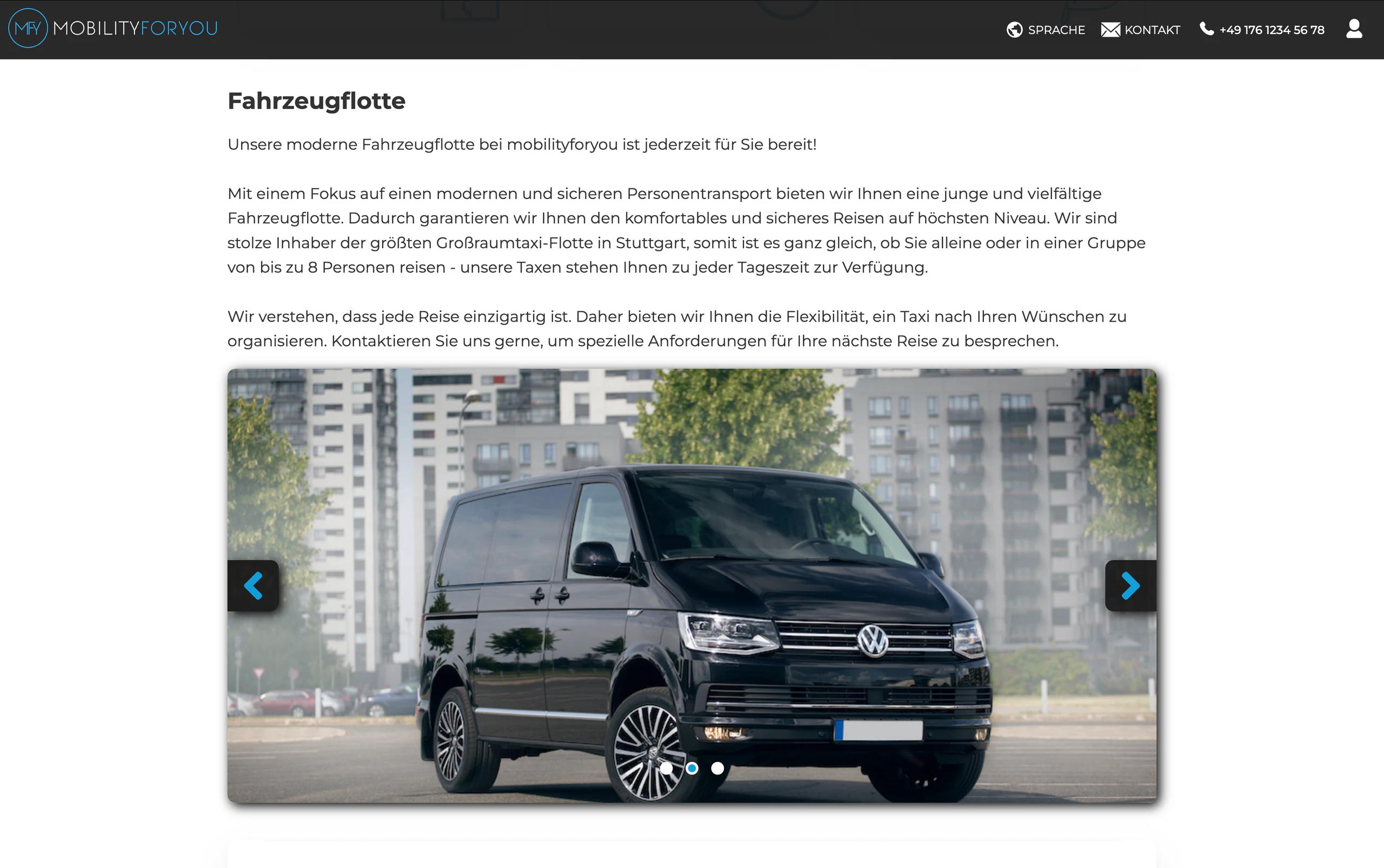 Fahrzeugbereich auf der Webseite von mobilityforyou GmbH