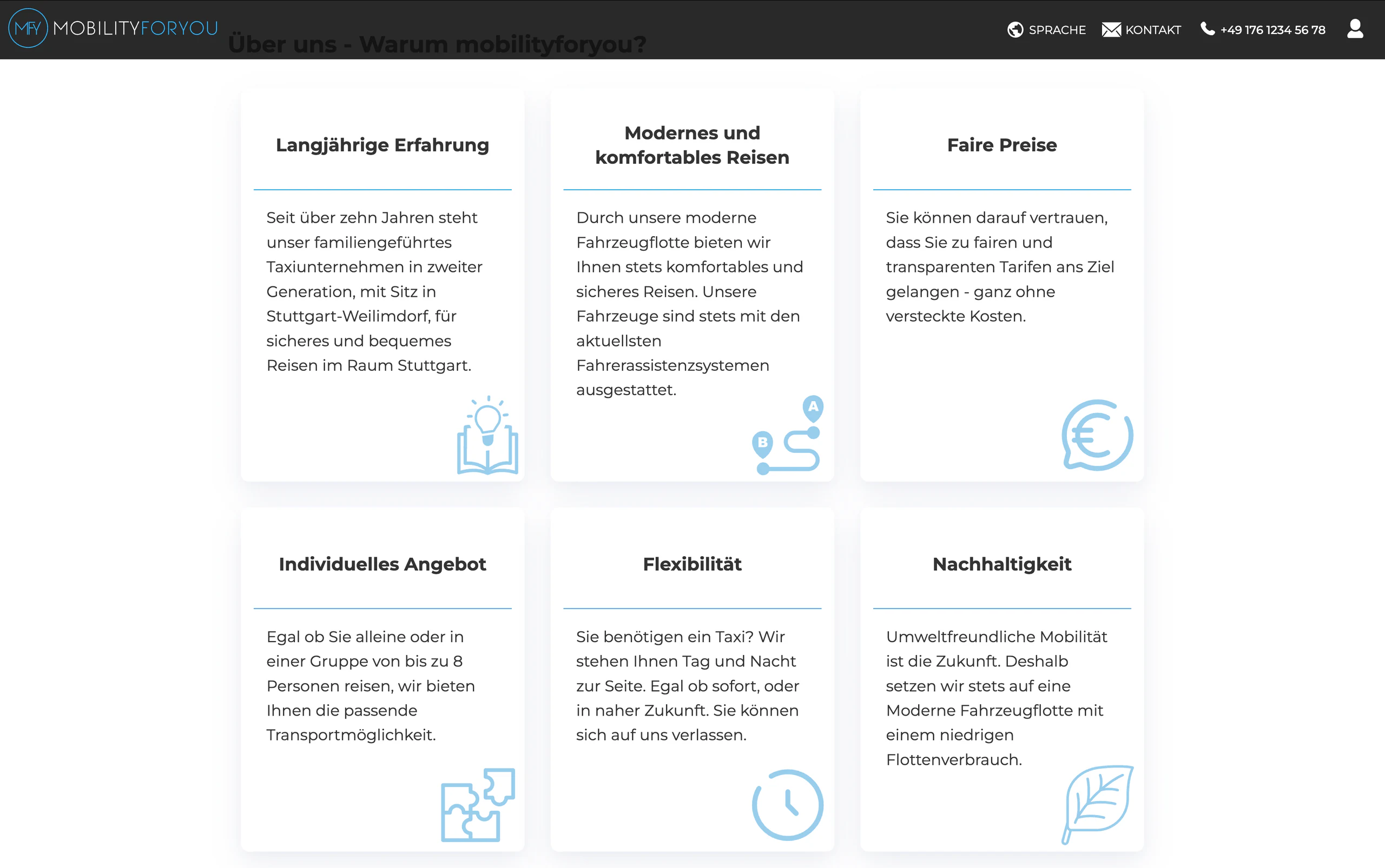 Leistungsübersicht auf der Webseite von mobilityforyou GmbH