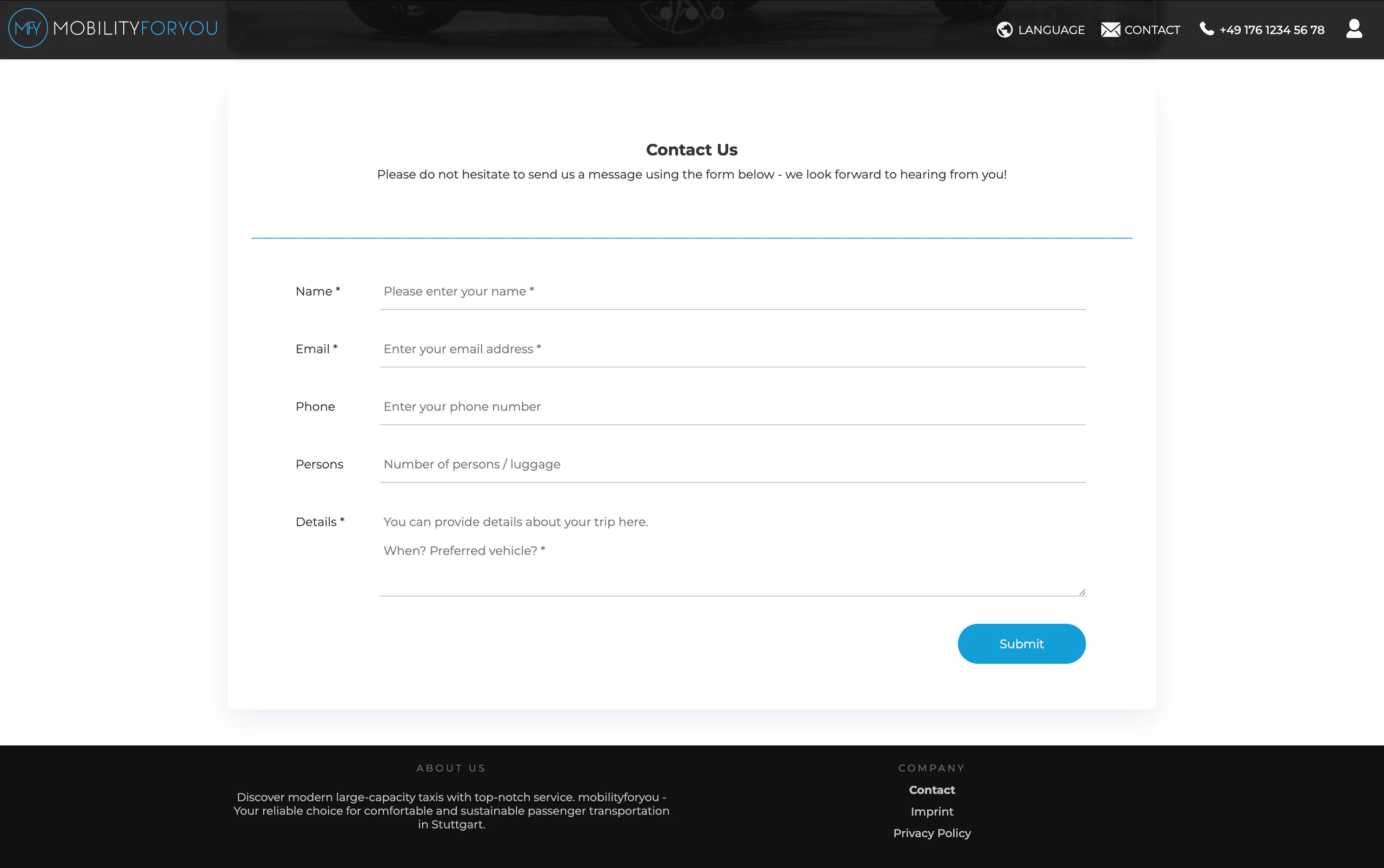 Contact form on the mobilityforyou website for customer enquiries
