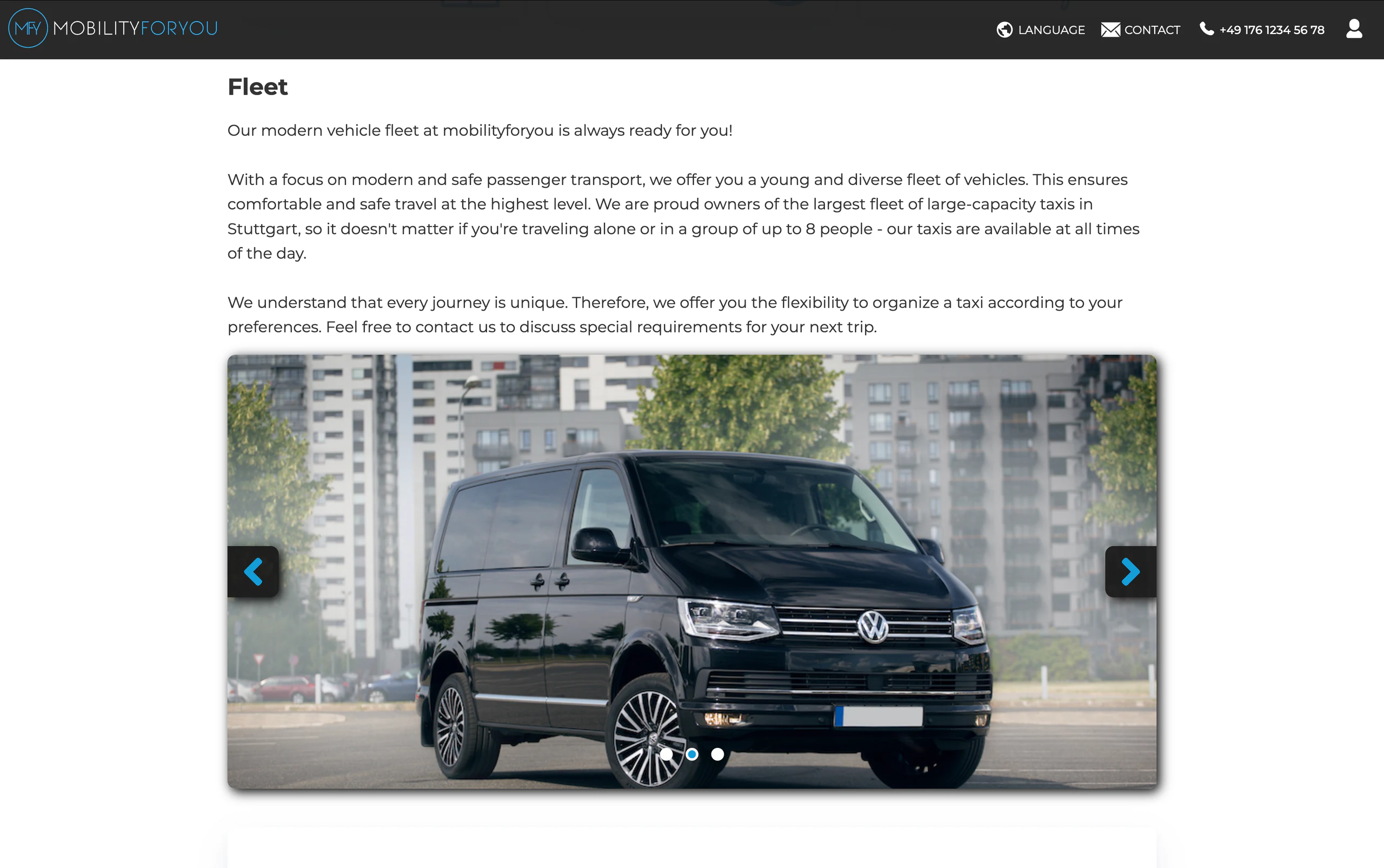 Fleet section showing vehicles on the mobilityforyou website