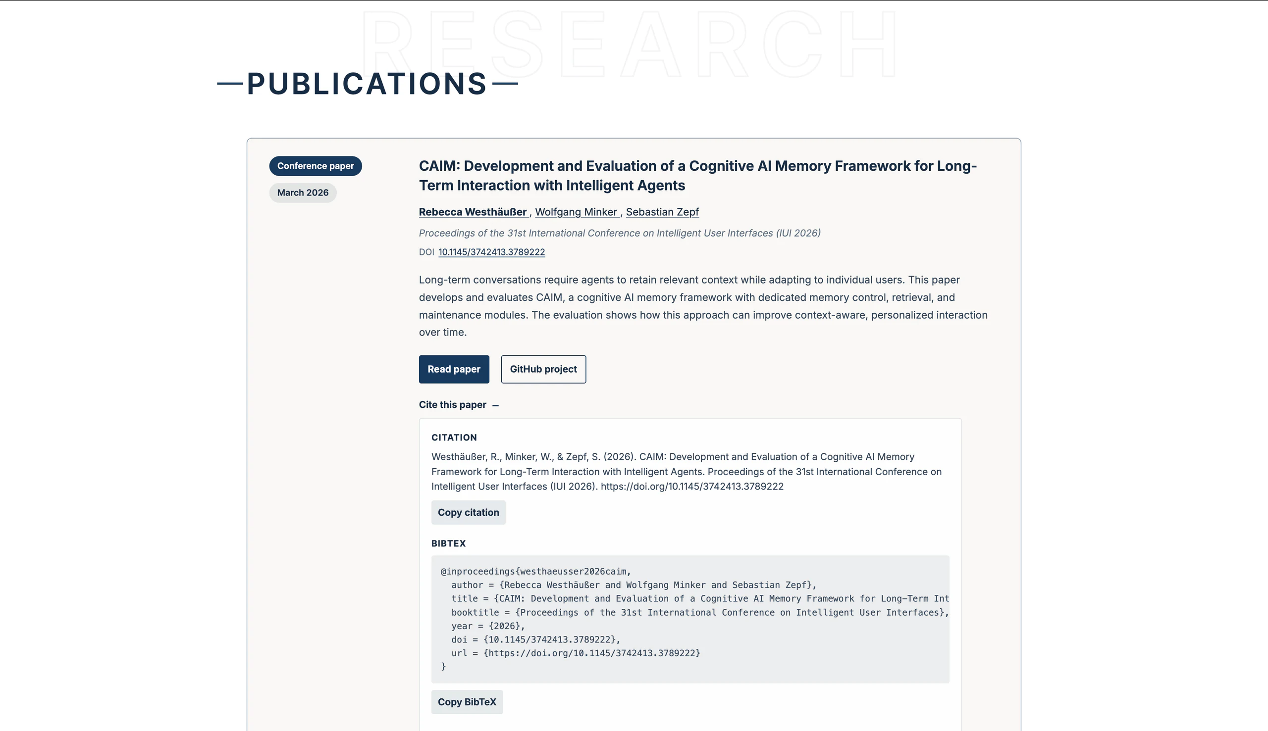 Geöffneter Zitations- und BibTeX-Bereich einer Publikation auf der Forschungswebseite