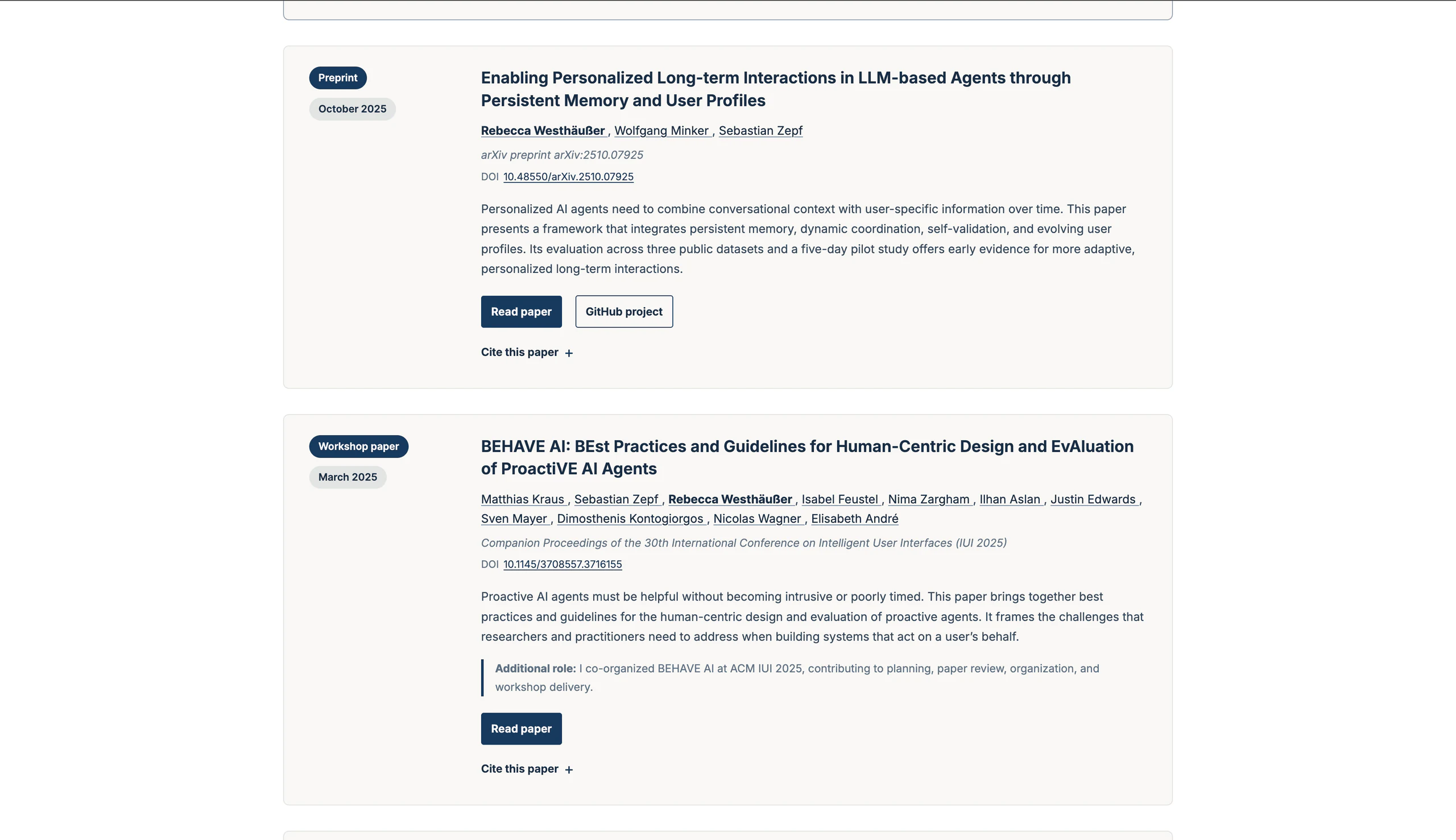 Mehrere untereinander angeordnete Publikationseinträge auf der Forschungswebseite